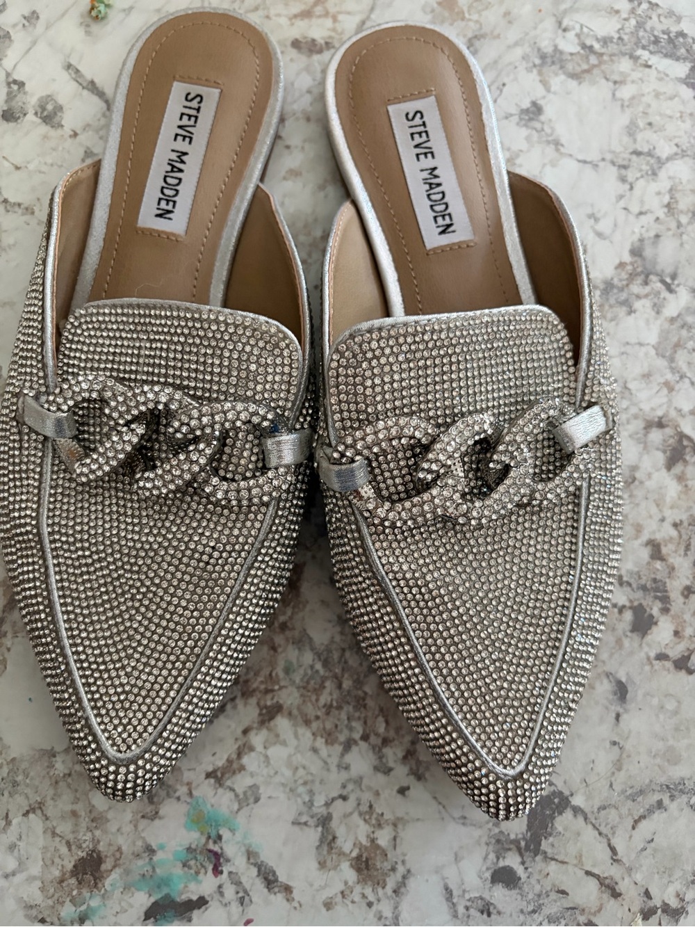 Steve Madden Silver Crystal Chain-Embellished Pointed Mule